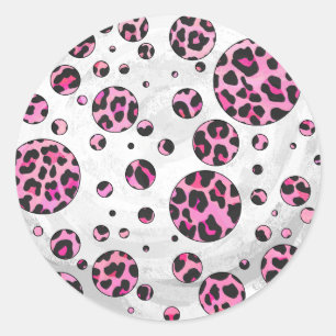 Sticker Rond Polka Leopard Pot noir et rose chaud