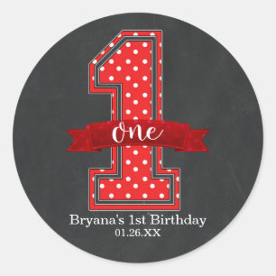 Sticker Rond Polka rouge et blanc point 1 fête d'anniversaire