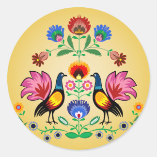 Sticker Rond Polonais Avec Floral Décoratif & Cockerels