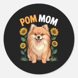 Sticker Rond Pom maman poméranien chien tournesol amoureux fête