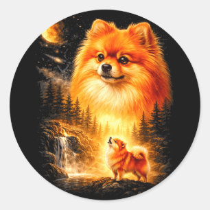 Sticker Rond Pomeranian hurle à la lune vintage mystique do