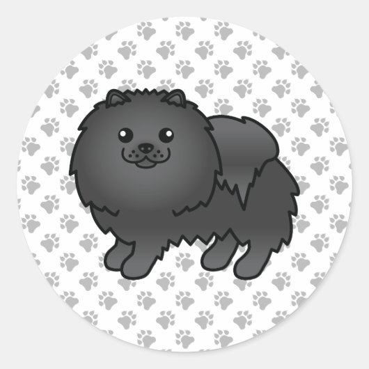 Sticker Rond Pomeranian noir Chien de dessin animé mignon & Pat (Devant)