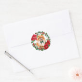 Sticker Rond Pomeranian Poinsettia Holly Wreath (Enveloppe)