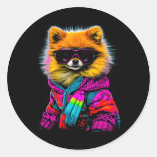 Sticker Rond Poméranie Chien Sports d'hiver Ski Snowboard