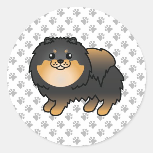 Sticker Rond Poméranie Noire Et Tan Cute Cartoon Chien Et Pâtes (Devant)
