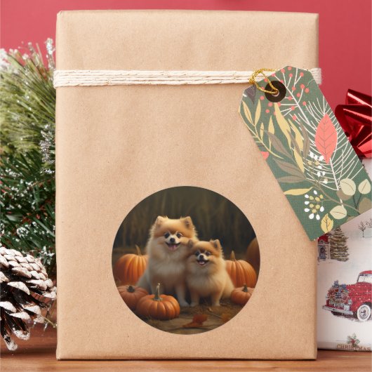 Sticker Rond Poméranien Chiot Automne Citrouille délice (vacances)