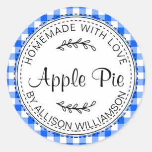 Sticker Rond Pomme maison rustique pâté bleu clair chèque
