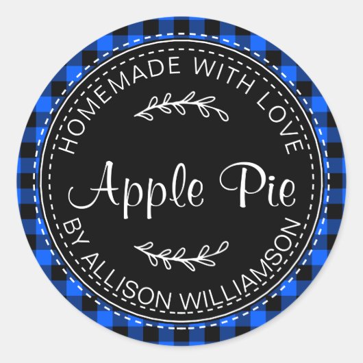 Sticker Rond Pomme maison rustique Pie Bleu Noir Plaid (Devant)