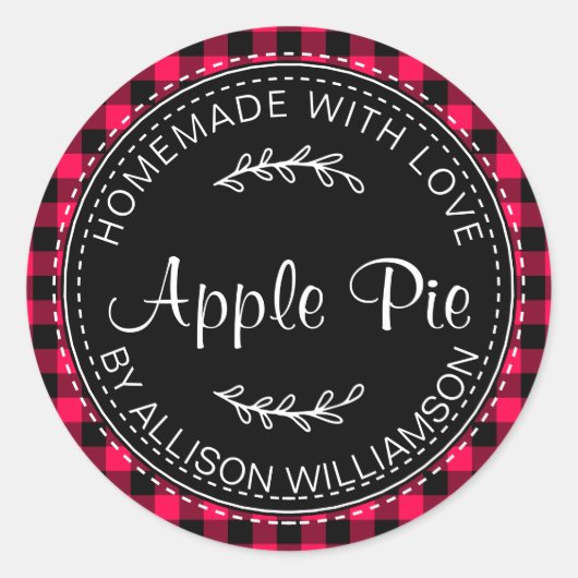 Sticker Rond Pomme maison rustique Pie rose vif Plaid noir (Devant)