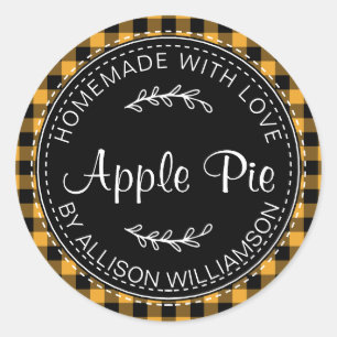 Sticker Rond Pomme maison rustique tarte Jaune Noir Plaid