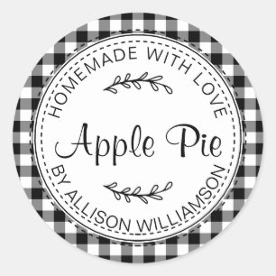 Sticker Rond Pomme maison rustique tarte noir blanc chèque