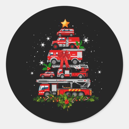 Sticker Rond Pompier Camion feu Noël Lumières Arbre Père Noël (Devant)