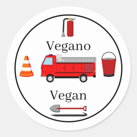 Sticker Rond Pompier Thème Bilingue Anniversaire Garçon Vegan (Devant)