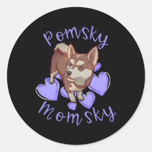 Sticker Rond Pomsky Momsky Pomsky Maman Violet Il Cheveux Rouge