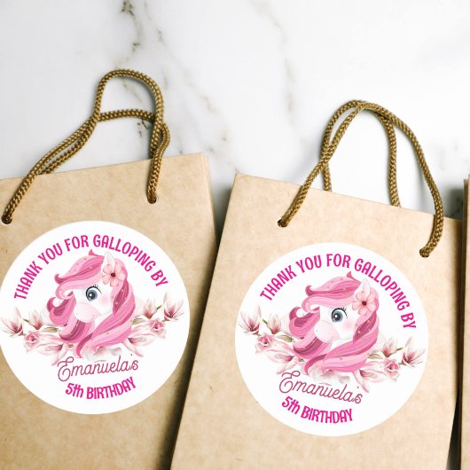 Sticker Rond Pony anniversaire fête rose cheval merci