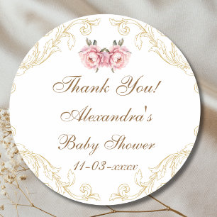Sticker Rond Pony rose Rococo Baby shower Floral Merci