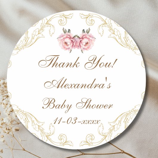 Sticker Rond Pony rose Rococo Baby shower Floral Merci