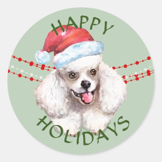 Sticker Rond Poodle blanc Santa Hat Joyeuses Fêtes (Devant)