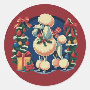 Sticker Rond Poodle de Noël rétro vintage années 1950 Chien de 