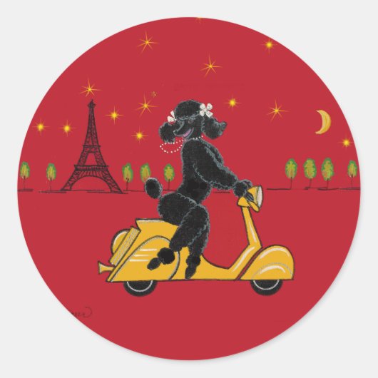 Sticker Rond Poodle noir à Paris sur scooter (Devant)