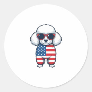 Sticker Rond Poodle Patriotique avec Lunettes de Soleil Design