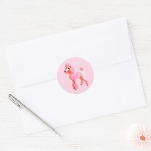 Sticker Rond Poodle rose mignon (Enveloppe)