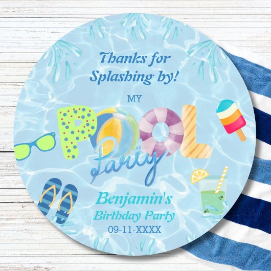 Sticker Rond Pool Party Boy Anniversaire Favoriser Merci