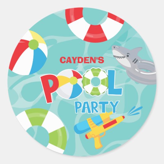 Sticker Rond Pool Party Boy Birthday Shark Flotte (Devant)