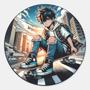 Sticker Rond Pop Art Boy sur Skateboard en ville