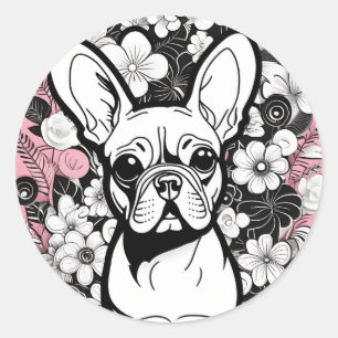 Sticker Rond Pop Art Flowers et French Bulldog