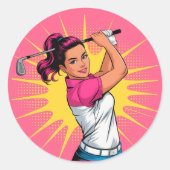 Sticker Rond Pop Art Girl Golfer fête d'anniversaire (Devant)