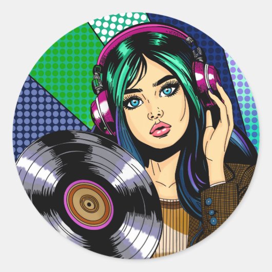 Sticker Rond Pop Art Girl with Record (Devant)