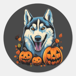 Sticker Rond Pop Art Smilling Husky Chien avec Halloween Citrou