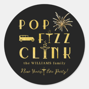 Sticker Rond Pop Fizz Clink Or Typographie Nouvel An Moderne
