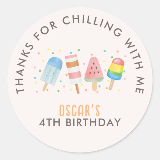 Sticker Rond Pop on Over and Chill Icecream / Popsicle Birthday (Devant)