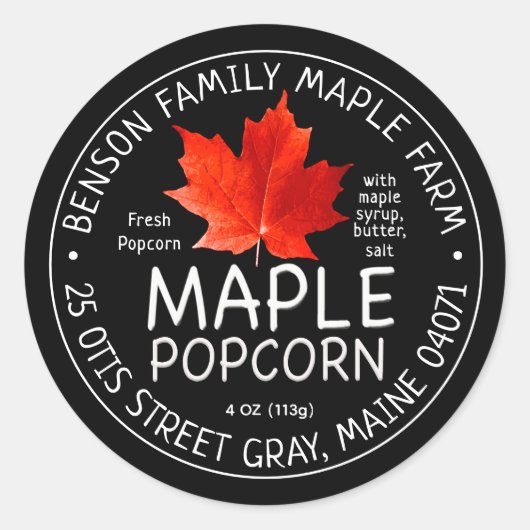 Sticker Rond Popcorn d'érable noir avec feuille d'érable rouge (Devant)