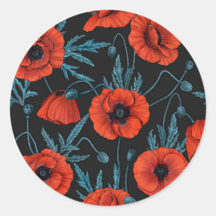 Sticker Rond Poppies, rouge et bleu sur noir