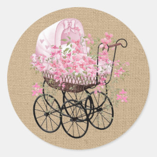 Sticker Rond Porte-bébé vintage sur Faux Burlap