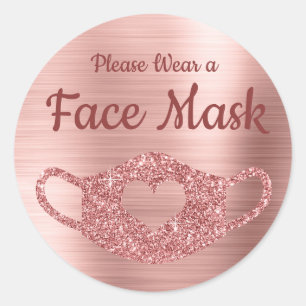 Sticker Rond Portez un Masque de Visage Faux Rose Gold Paillett