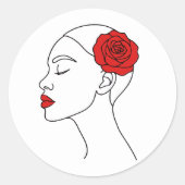 Sticker Rond Portrait d'art en ligne d'une femme avec Rose roug (Devant)