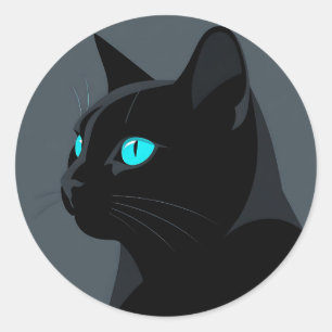 Sticker Rond Portrait de chat noir aux yeux bleus