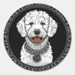Sticker Rond Portrait de chien blanc avec collier à chaîne