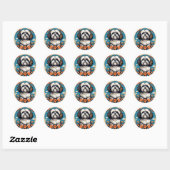 Sticker Rond Portrait De Chien Lhasa Apso Avec Fleurs (Feuille)