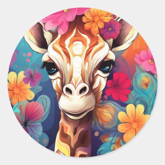 Sticker Rond Portrait de la Giraffe florale-9321 (Devant)