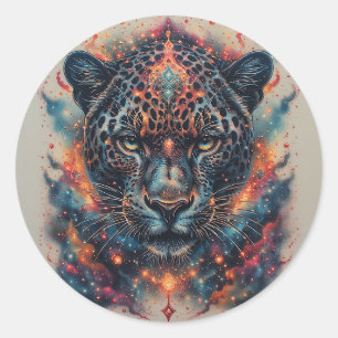 Sticker Rond Portrait de léopard cosmique avec effet mystique