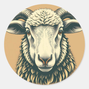 Sticker Rond Portrait de mouton vintage en style rustique