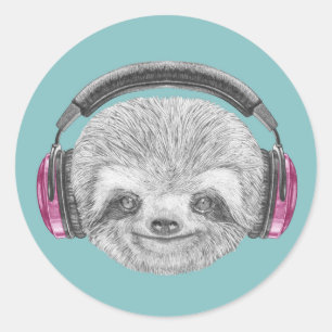 Sticker Rond Portrait De Sloth   Porter un casque