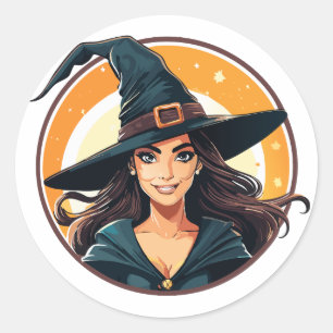 Sticker Rond Portrait de sorcière de Halloween en dessin animé