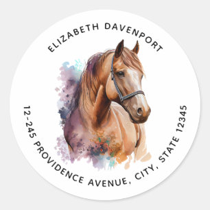 Sticker Rond Portrait de tête de cheval brun à l'aquarelle Adre