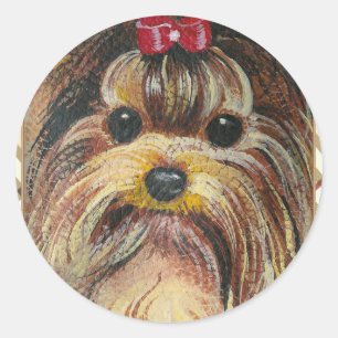 Sticker Rond Portrait de Yorkie en plaid